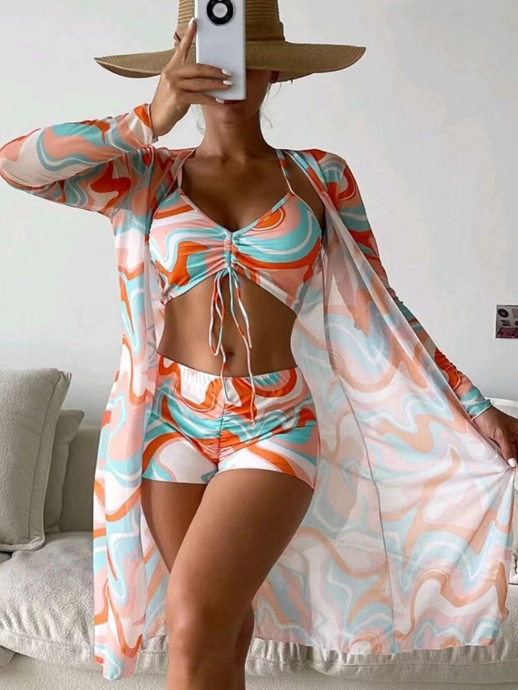 3pcs Pring Bikini with Long Sleeve Cardigan Fashion Summer Beach