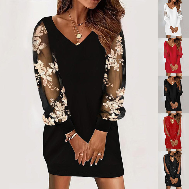 Long-Sleeved V-Neck Dress Spring and Autumn Lace Splicing for Women's