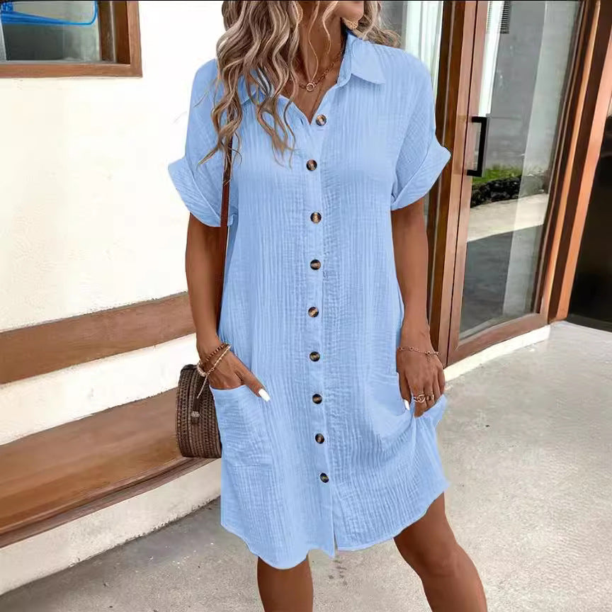 Summer Short Sleeve Shirt Dress Fashion Solid Color Single-Breasted
