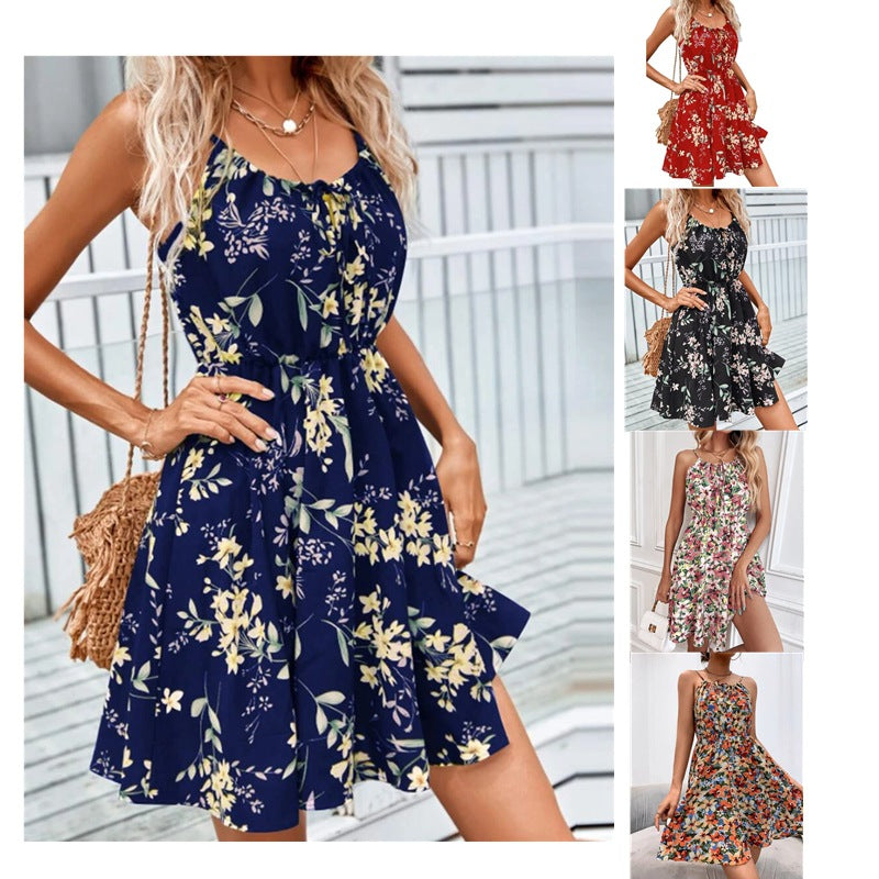 Floral Print Suspender Dress with Elastic Waist Design Fashion Summer