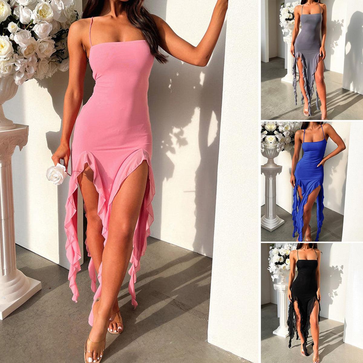 Sexy Suspender Tight Slim Skirt Fashion Split Ruffle Design Dress
