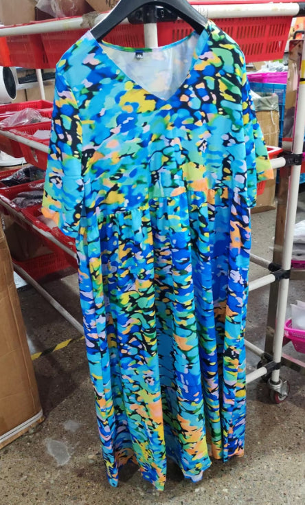 Chiffon Printed Short Sleeve Dress Summer Elegant V-Neck Dresses