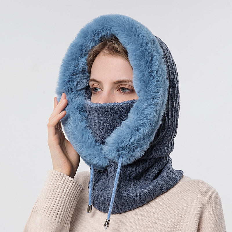 Winter Thick Plush Hat with Scarf Windproof Warm Knit Hats Hooded