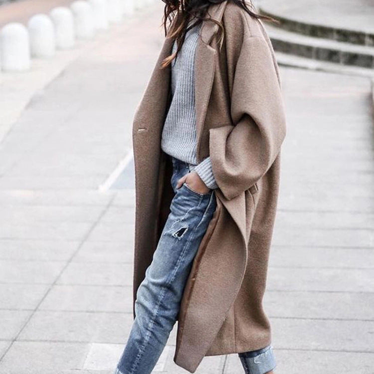 Casual Long Jacket with Pockets Solid Color Single Breasted Lapel