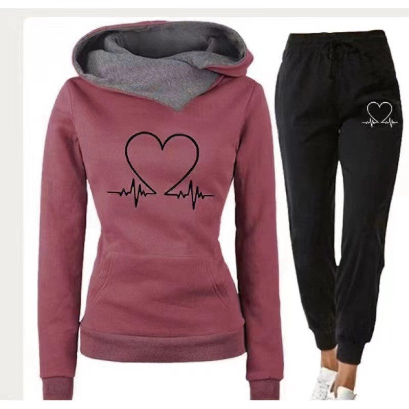 Love Heart Printed Sports Suit Hooded Sweatshirt Top and Drawstring