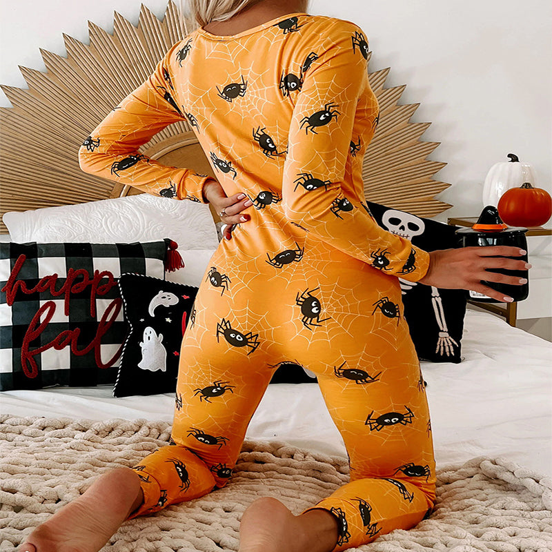 Halloween Printed Jumpsuit Long Sleeve Home Pajamas Casual Trousers