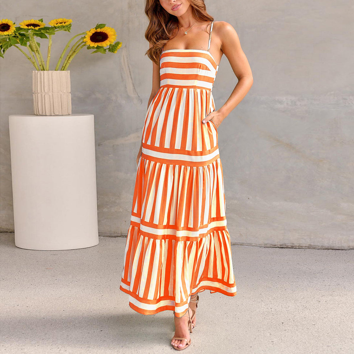 Summer Striped Printed Suspender Long Dress with Pockets Fashion