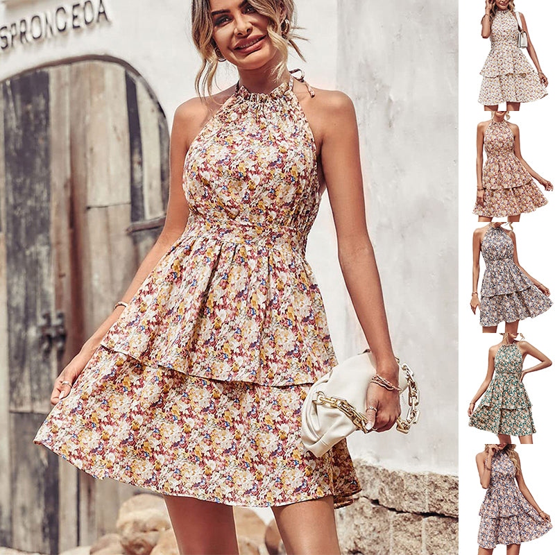 Summer Printed Halter Dress Fashion Boho Backless Ruffled A-Line