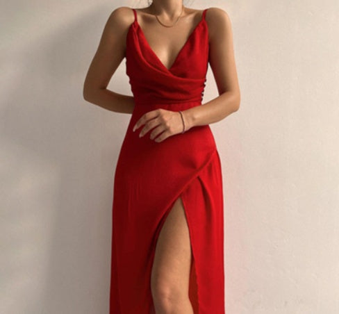 V-Neck Slit Sling Dress Summer Fashion Sexy Slim Suspender Dresses