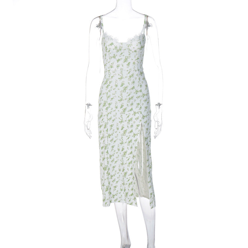 Lace Flowers Print Long Dress Sexy Fashion Slit Suspender Summer