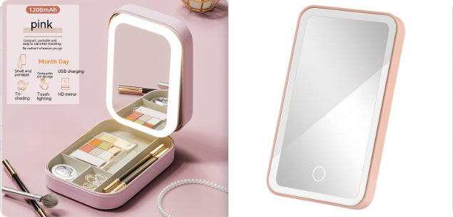 LED Mirror Makeup Storage Box - Portable Travel Cosmetic Organizer with Touch Light