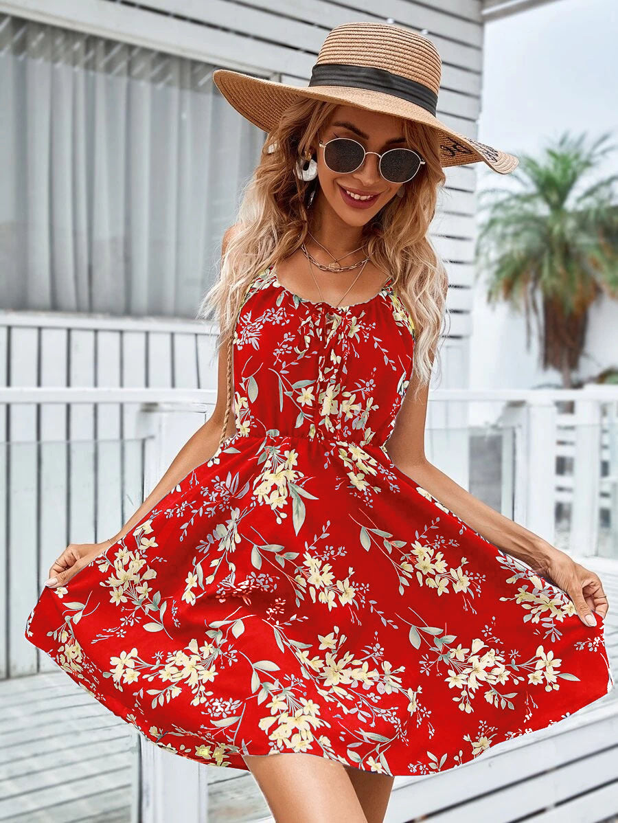 Floral Print Suspender Dress with Elastic Waist Design Fashion Summer