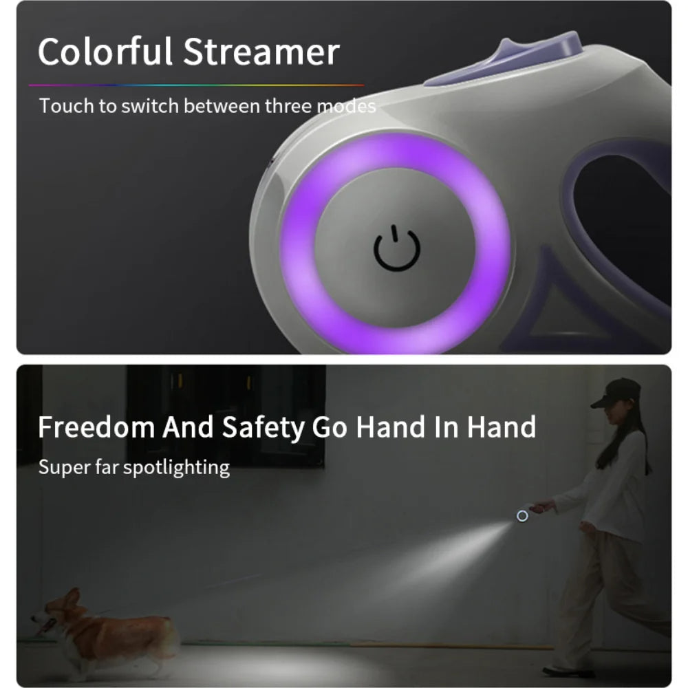 Retractable Dog Leash with LED Light - 3 m / 5 m One-Hand Brake Lead
