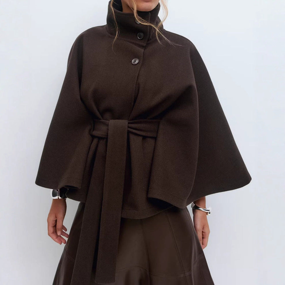 Winter High Neck Batwing Sleeve Coat with Belt Fashion Loose Elegant