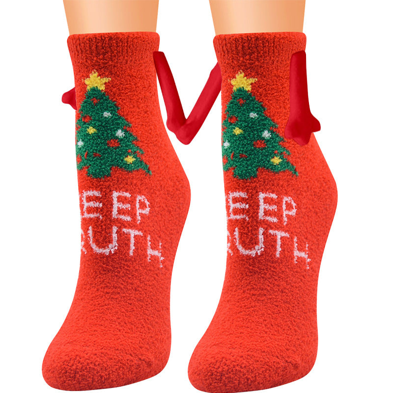 Christmas Supplies Magnetic Suction Hand in Couple Socks Coral Fleece