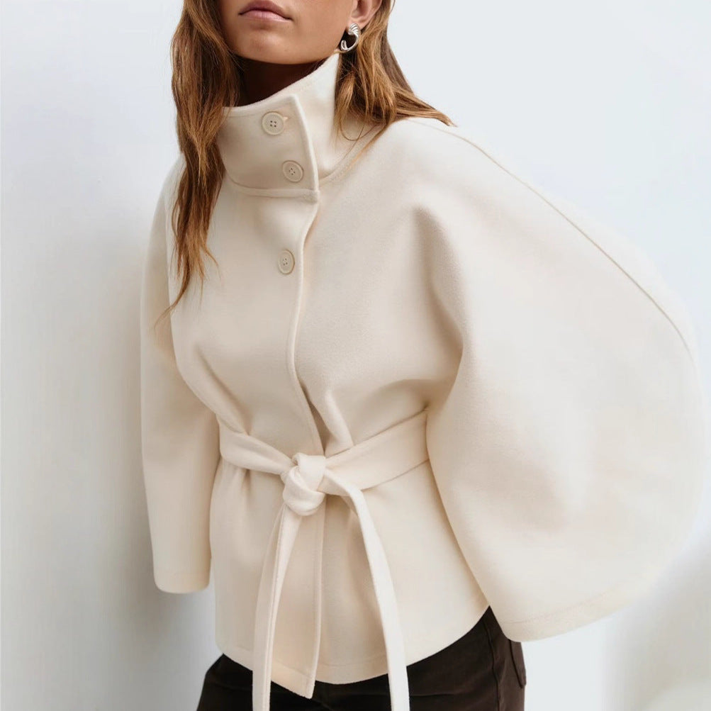 Winter High Neck Batwing Sleeve Coat with Belt Fashion Loose Elegant