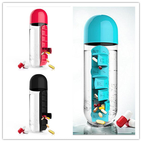 2-in-1 Water Bottle with Pill Box - Travel Cup with Storage