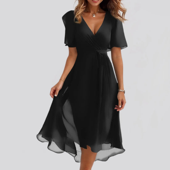 Chiffon Printed Short Sleeve Dress Summer Elegant V-Neck Dresses