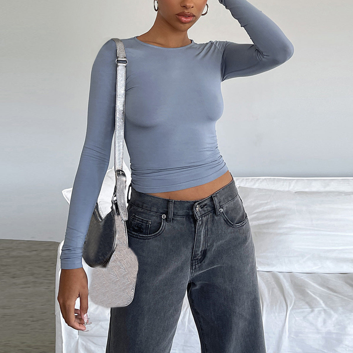 Women's Clothing Fashion Slim Long-Sleeved Pullovers Tops Solid