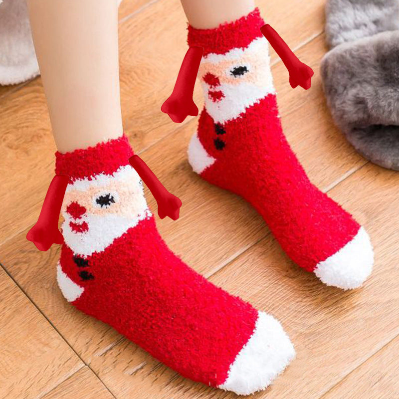 Christmas Supplies Magnetic Suction Hand in Couple Socks Coral Fleece