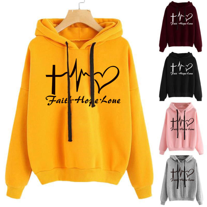 Heart Print Hoodie Sweatshirt Pullover Tops Women Long Sleeve Sports