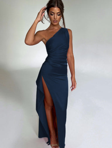 Sexy One-Shoulder Backless Slit Dress Summer Elegant Slim-Fit Solid