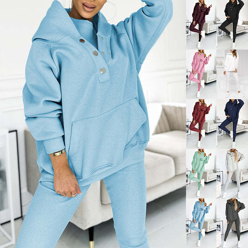3pcs Women's Sports Suit Loose Hooded Pockets Sweatshirt and Vest