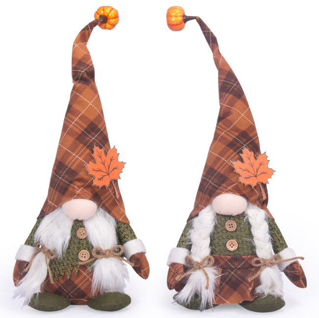 Halloween Fall Gnome Doll - Faceless Plaid Gnome with Maple Leaf, 51 cm