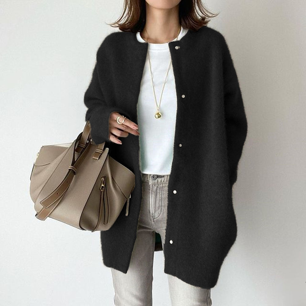 Loose Round Neck Single Breasted Cardigan Fashion Solid Color Coat