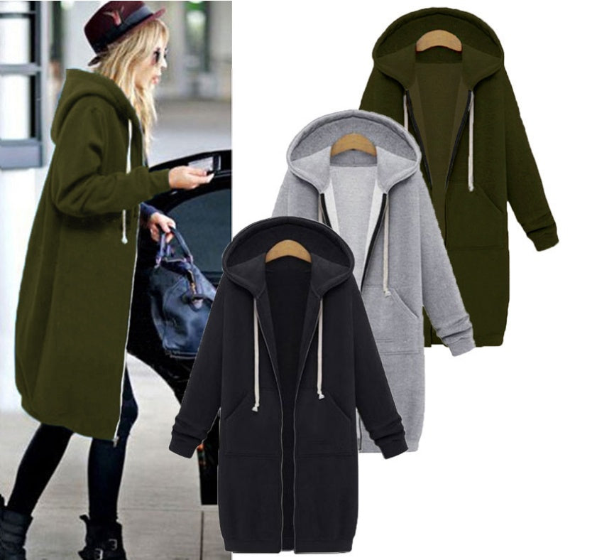 Hooded Long-Sleeved Winter Sweater Women's Jacket in a Long Thick