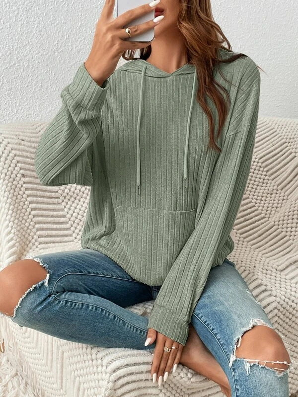 Fashion Drawstring Long-Sleeved Hooded Sweatshirt with Pockets Solid