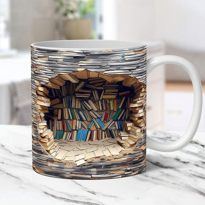 3D Bookshelf Ceramic Mug - Creative Book Lover Coffee Cup