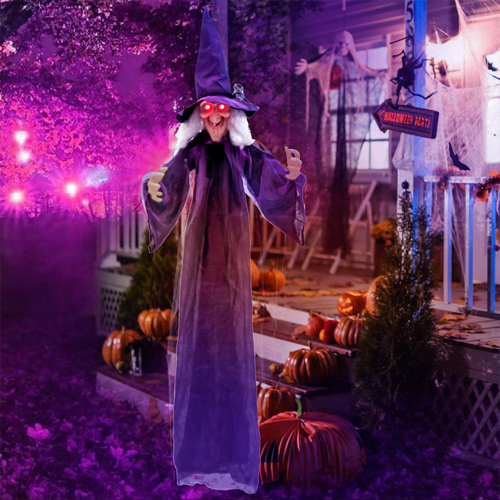 6ft Animated Hanging Witch - Talking Halloween Prop with Red Eyes