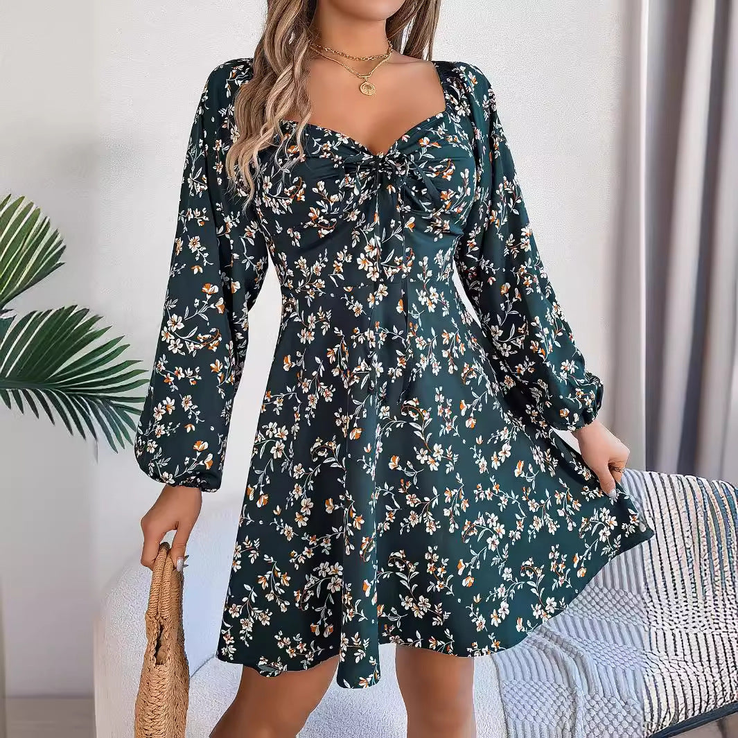 Fashion Floral Print Lantern Sleeve Dress Casual Sexy Tie Square Neck