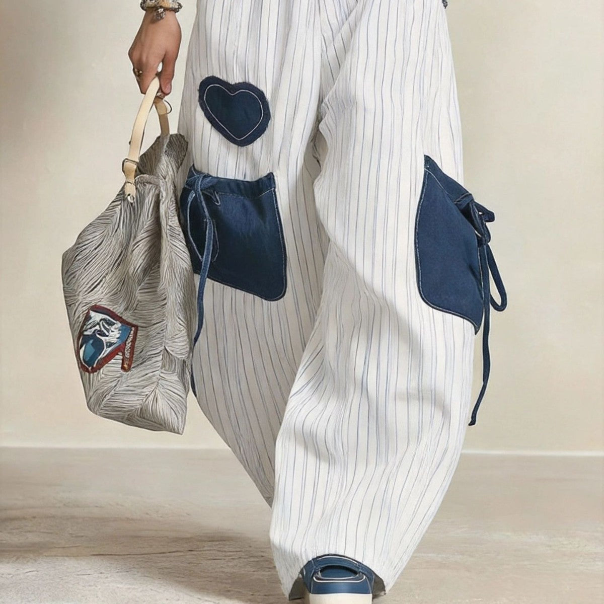 Women's White Wide-Leg Pants with Appliqué Details