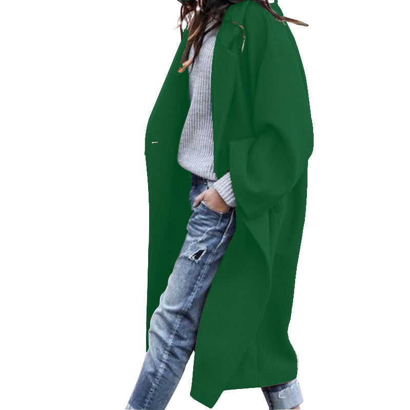 Casual Long Jacket with Pockets Solid Color Single Breasted Lapel