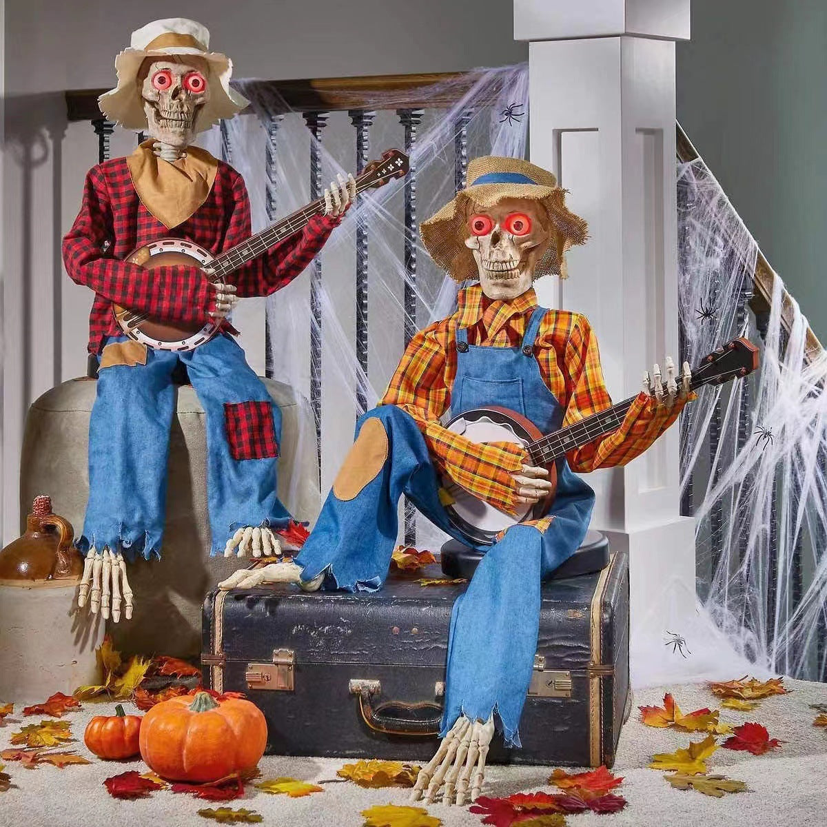 Halloween Banjo Skeleton Decoration - Sitting Skeleton Musician Prop