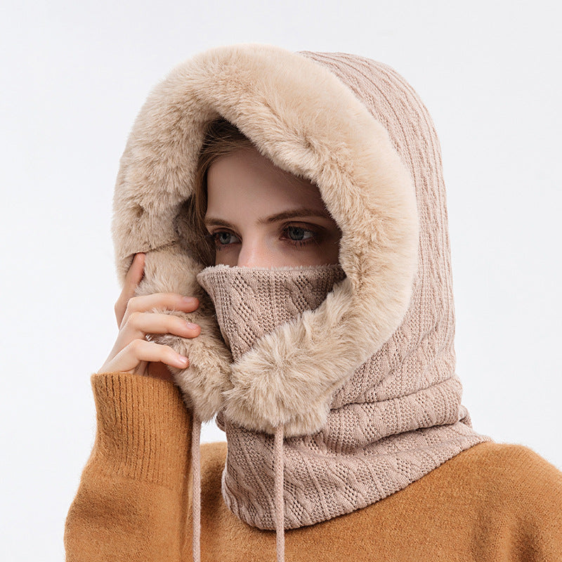 Winter Thick Plush Hat with Scarf Windproof Warm Knit Hats Hooded