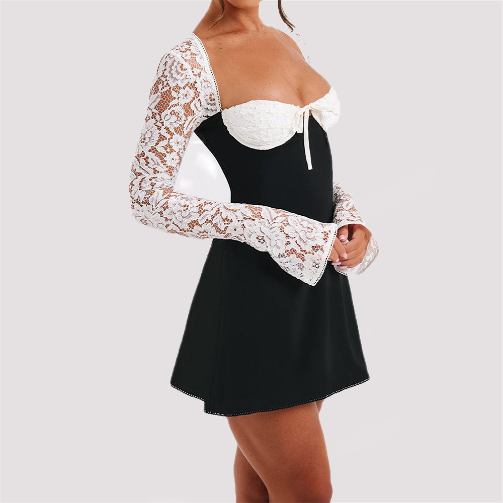 Y2K Lace Long Sleeve Dress Fashion Sexy Corset Backless Up Short
