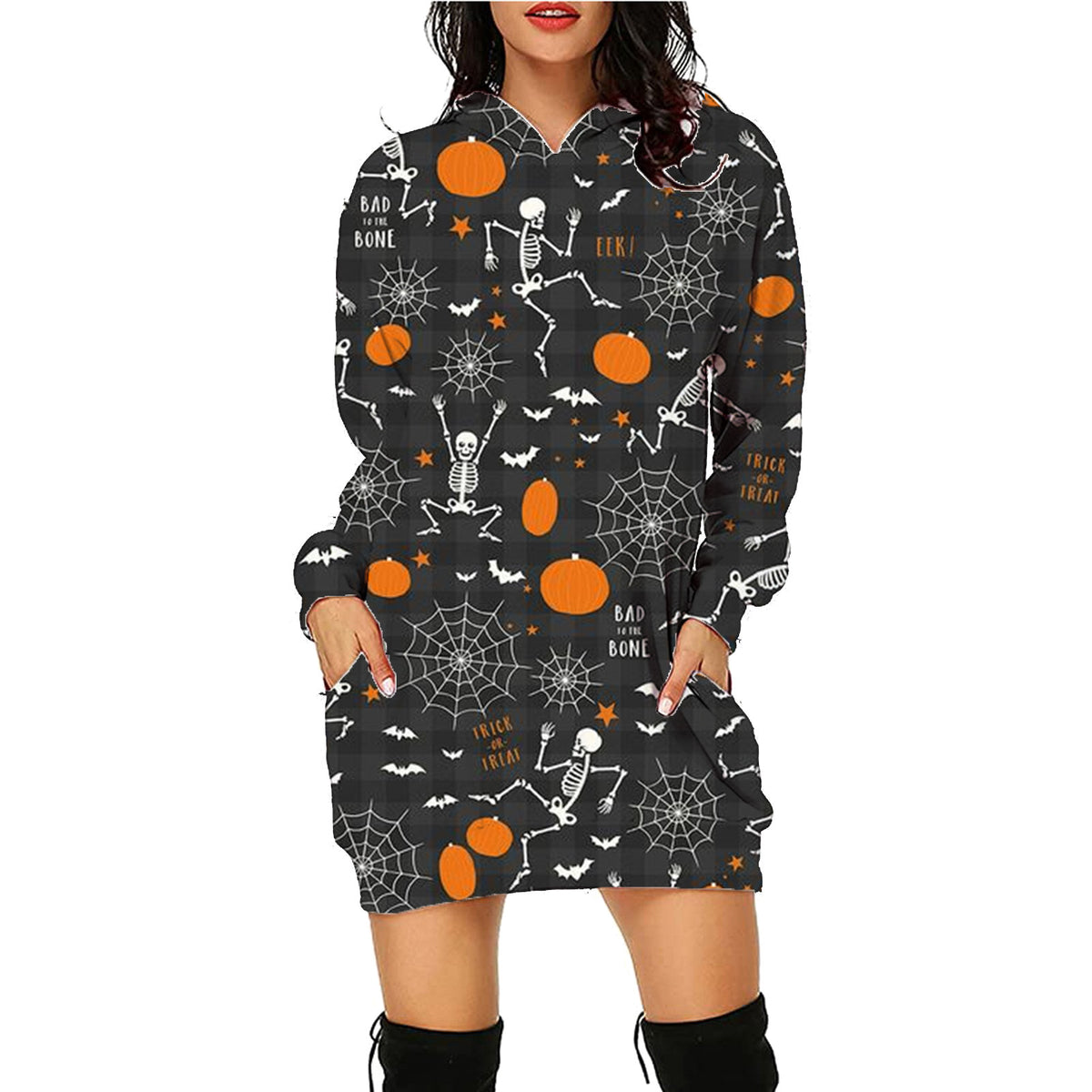 Halloween Print Long Hoodie with Pockets Sweater Sleeve Clothes Women