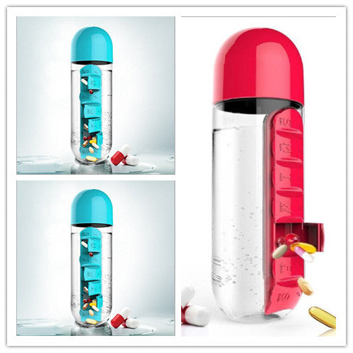 2-in-1 Water Bottle with Pill Box - Travel Cup with Storage