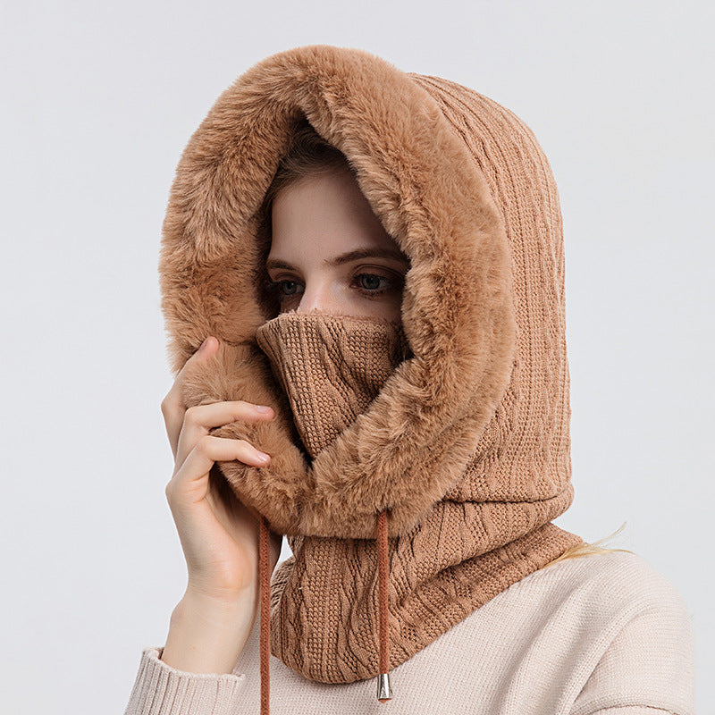 Winter Thick Plush Hat with Scarf Windproof Warm Knit Hats Hooded