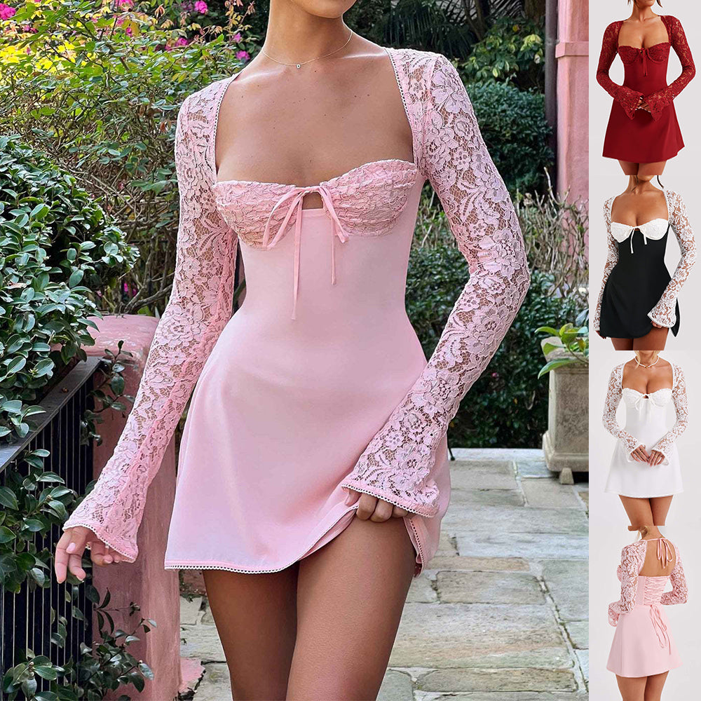 Y2K Lace Long Sleeve Dress Fashion Sexy Corset Backless Up Short