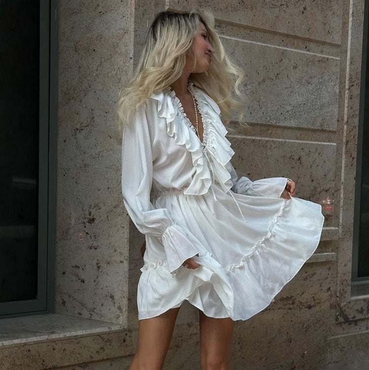 Fashion V-Neck Pleated Ruffle Long Sleeve Dress Y2K Flared Short
