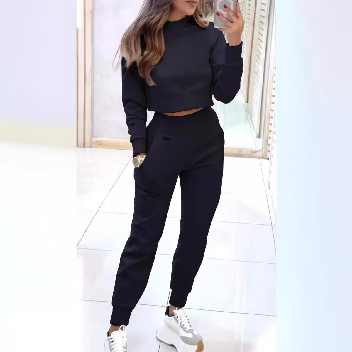 Stand Collar Sports Suit Fashion Pullover Long-Sleeves Short Top