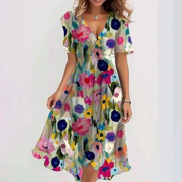 Chiffon Printed Short Sleeve Dress Summer Elegant V-Neck Dresses
