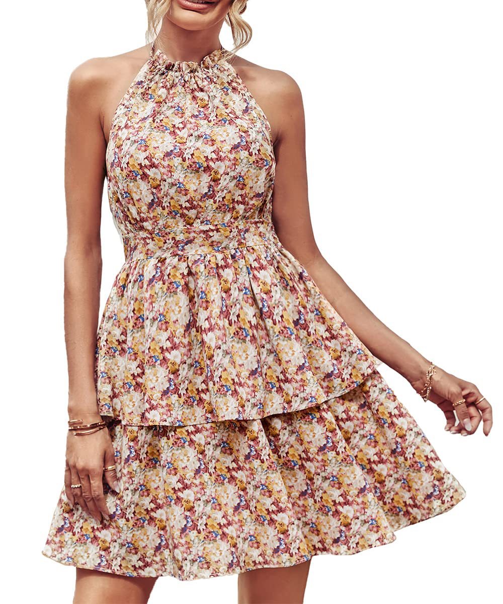 Summer Printed Halter Dress Fashion Boho Backless Ruffled A-Line