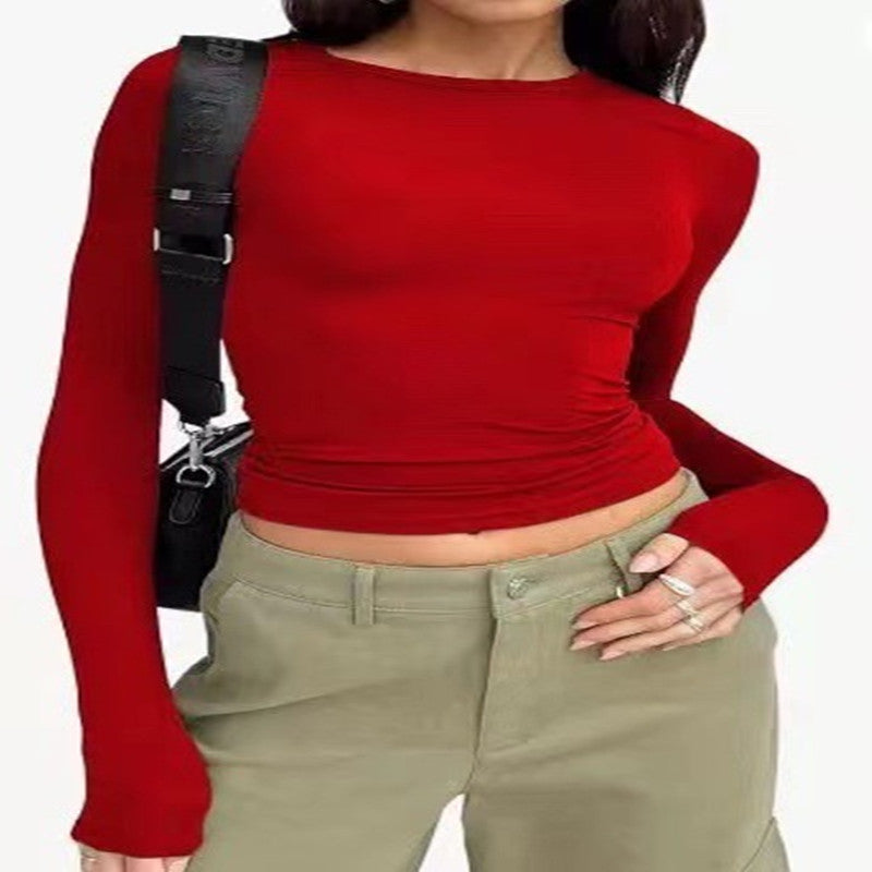 Women's Clothing Fashion Slim Long-Sleeved Pullovers Tops Solid