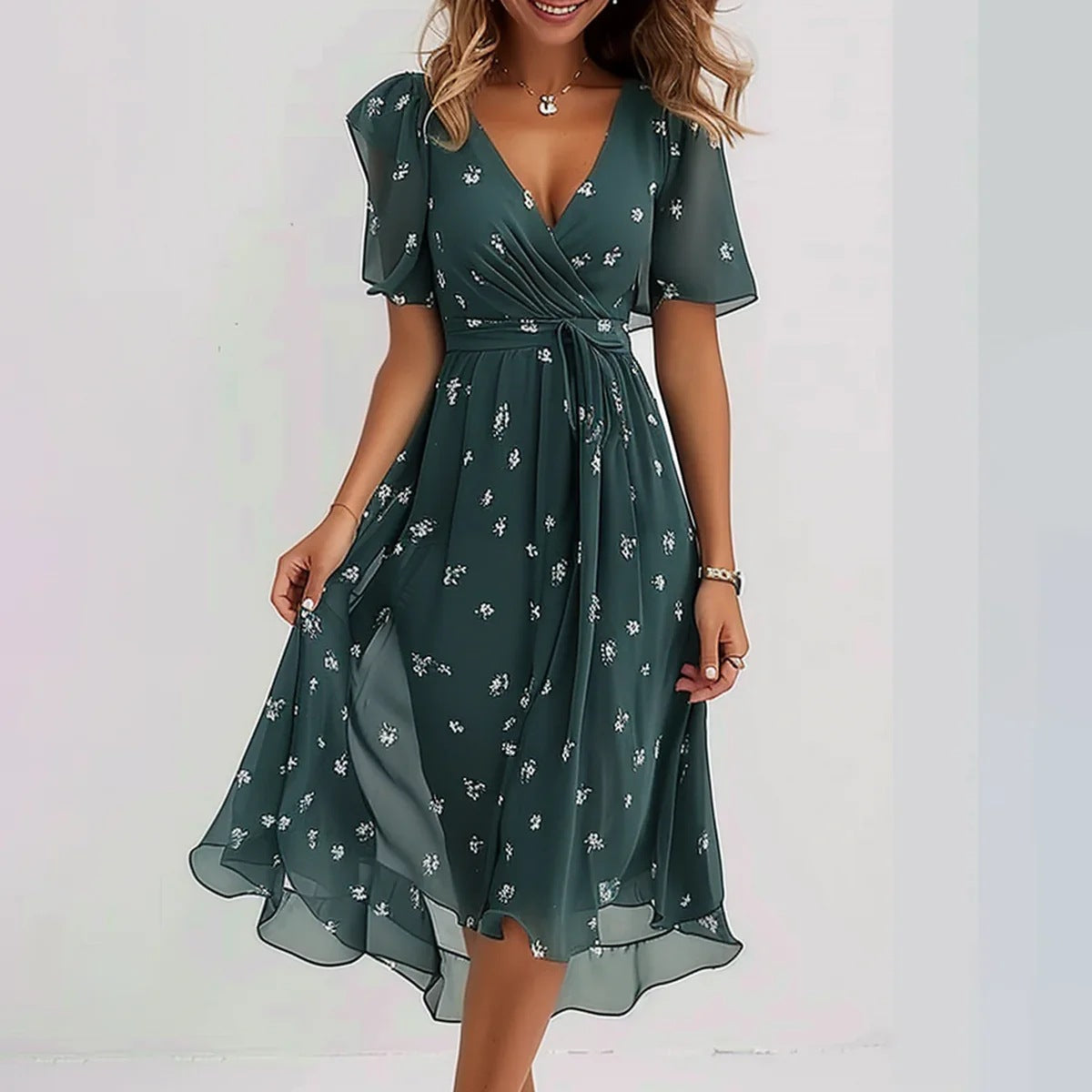 Chiffon Printed Short Sleeve Dress Summer Elegant V-Neck Dresses