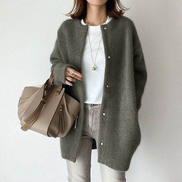 Loose Round Neck Single Breasted Cardigan Fashion Solid Color Coat